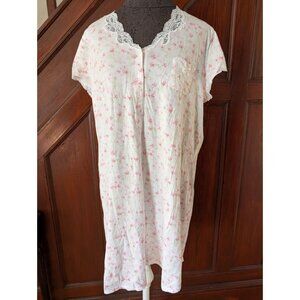 Carole Hochman Pink Floral Lace Trim Nightgown With Pocket & Button Front